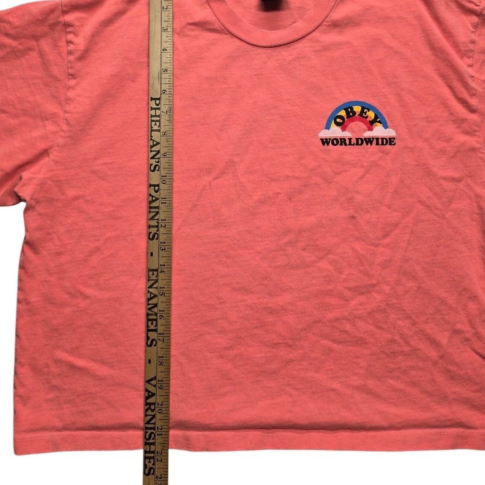 Obey Worldwide Graphic Boxy Cropped T-Shirt Pink Rainbow Look Dont Touch Large - Picture 8 of 9